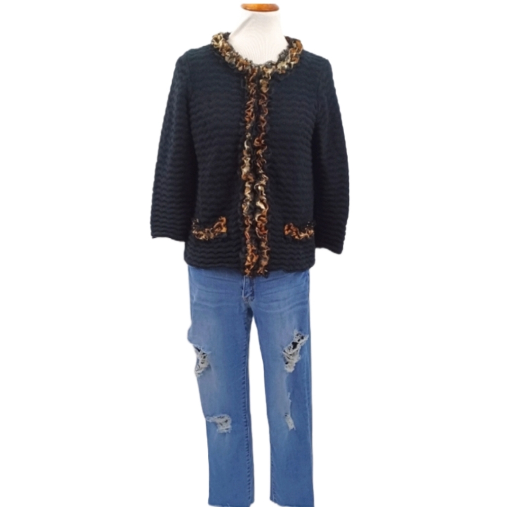 CHICO'S SWEATER/CARDIGAN WITH LACE/LEOPARD PRINT RUFFLES SIZE 1 (8)